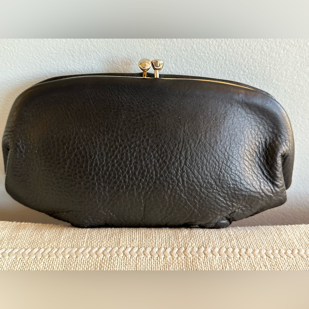 Vintage Kisslock Utility Purse Black Leather 7”x3 1/4”x1” Clutch